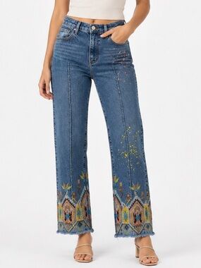 Driftwood Jeans Women’s 26 Straight Leg Embroidered Hem Raw Edge Denim